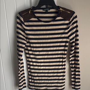 Lauren by Ralph Lauren Women's Striped Navy and Cream Top